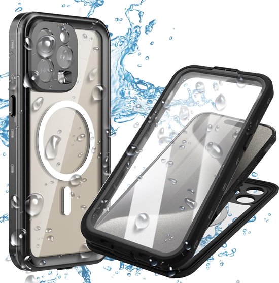 Convient pour Apple iPhone 15 Pro Max 5G - Étanchéité IP68 - Avec protecteur d'écran intégré - Anti-poussière - Coque arrière - Zwart