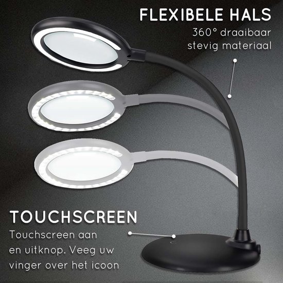 Lampe de bureau noire avec col flexible et commande tactile pour l'intensité lumineuse.