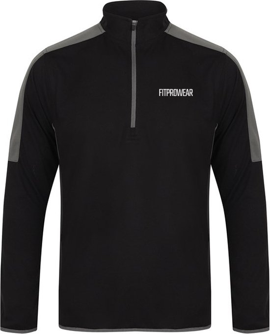 FitProWear Unisex Midlayer Longsleeve Zwart/Grijs - Maat S - Sporttrui - Baselayer - Trainingsjack - Trainingsjas - Sportshirt - Sportshirt lange mouwen - 1/4 Zip Hoodie - Fitness trui