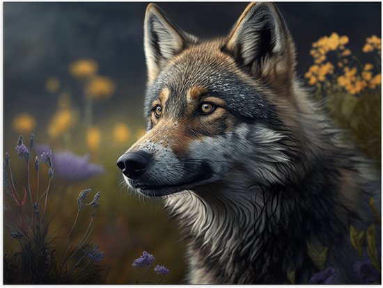 Poster Glanzend – Wolf - Dier - Bloemen - Kleuren - 80x60 cm Foto op Posterpapier met Glanzende Afwerking