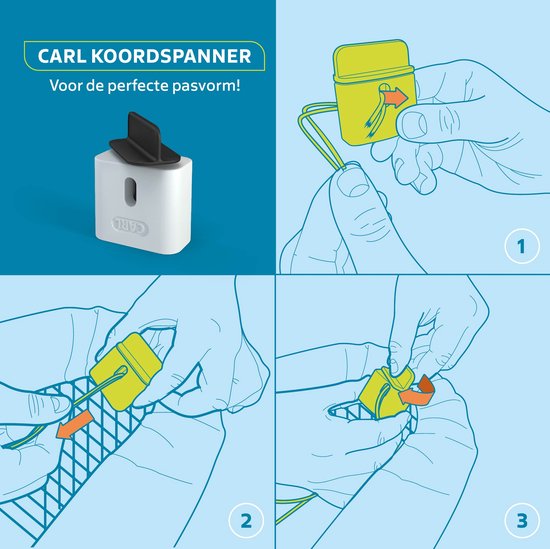 Instructies voor het gebruik van de Carl koordspanner om de pasvorm van de strijkplankhoes te verbeteren.