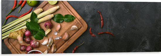 Dibond - Snijplank - Eten - Groente - Fruit - Pepers - 120x40 cm Foto op Aluminium (Met Ophangsysteem)