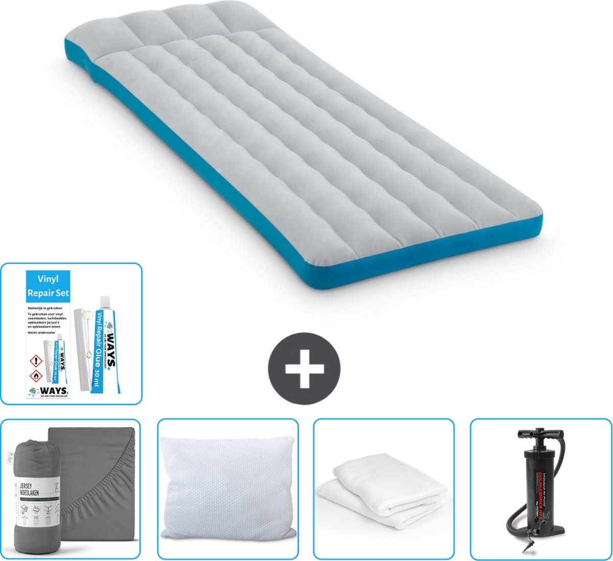 Intex Campingmat - Twijfelaar - 72 x 189 x 20 cm - Blauw - Inclusief Hoeslaken - Kussen - Pomp - Reparatieset en Kussenbeschermer