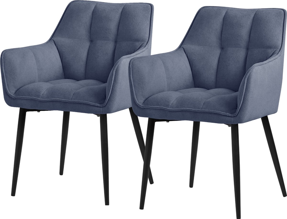 ml-design eetkamerstoelen set van 2 in badstof, blauw, keukenstoel met dikke gestoffeerde zitting & metalen poten, woonkamerstoel met rugleuning en armleuningen, ergonomische loungestoel