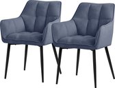 ML-Design eetkamerstoelen set van 2 in badstof, blauw, keukenstoel met dikke gestoffeerde zitting & metalen poten, woonkamerstoel met rugleuning en armleuningen, ergonomische loungestoel