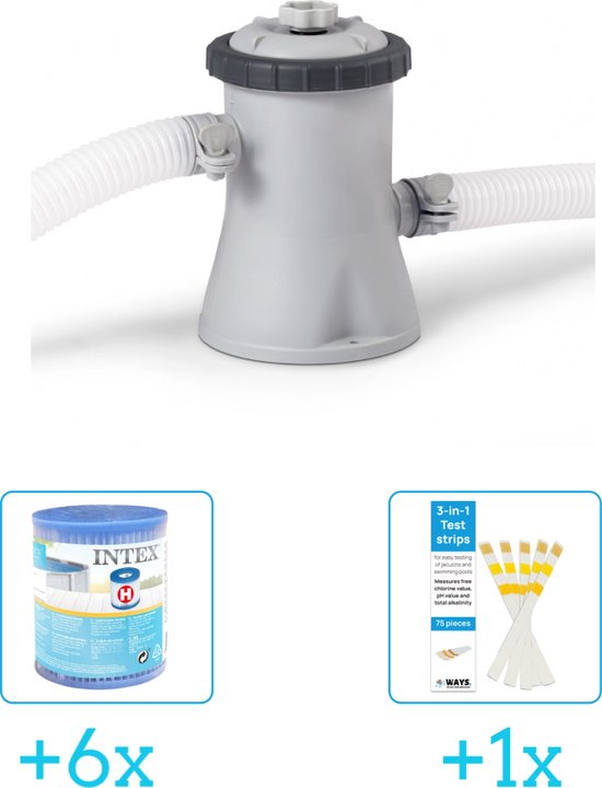 Intex 28602GS Filterpomp - 1.250 liter per uur inclusief Intex Filter Cardridge - Type H (6 stuks) & WAYS Testrips (1 stuks)