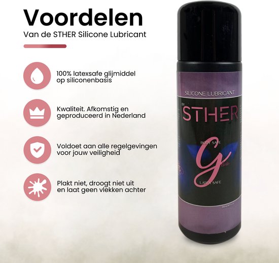 Fles STHER Silicone Lubricant met tekst "Voordelen" en opsomming van productvoordelen.