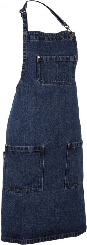 Vue de côté d'un tablier bleu en jean avec des poches fonctionnelles et des boutons dorés.