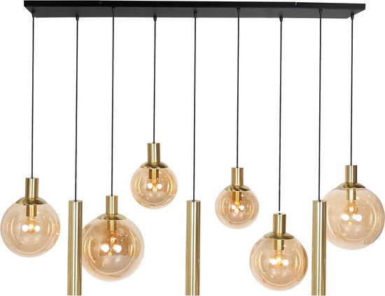 Grote hanglamp Bollique | 9 lichts | amber / goud / zwart | glas / metaal | in hoogte verstelbaar tot 160 cm | 140 x 25 cm | dimbaar | GU10 | modern design