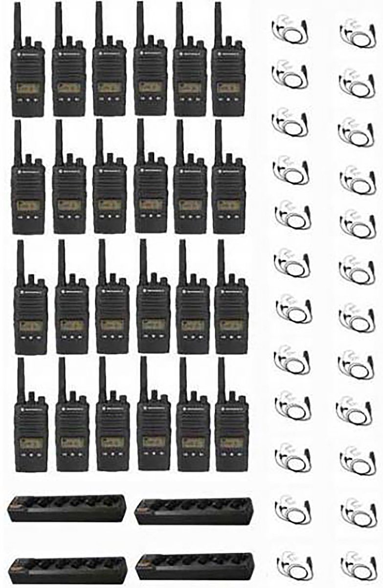 Set van 24 Motorola XT460 IP55 PMR446 met beveiliging oortje M1 2-Pins en multilader