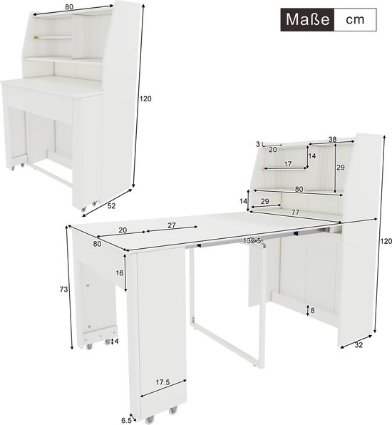 Afmetingen van de witte uittrekbare tafel.