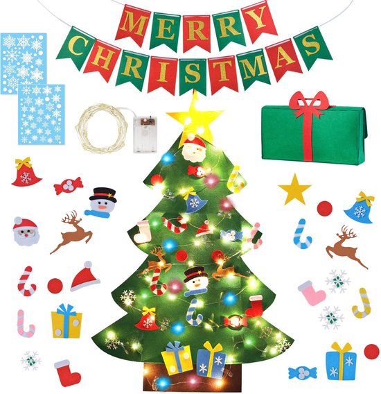 Fissaly Kerstdecoratie Set inclusief Vilten Kinder Kerstboom, Versieringen, Verlichting & Merry Christmas Slinger - Kerstcadeau - Kinderen & Kind