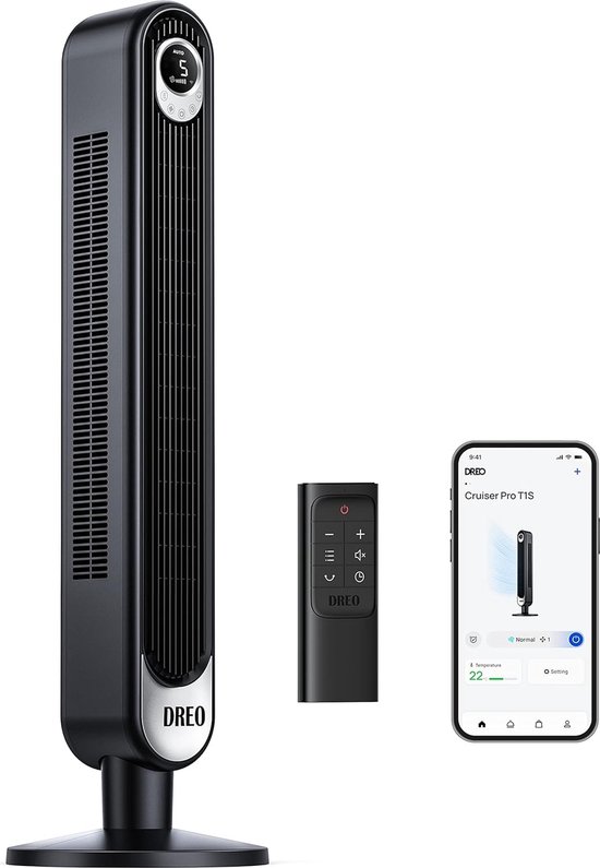 28 dB stille slimme torenventilator 106 cm hoog 4 standen 6 snelheden 12H timer 90° oscillerende voetventilator met afstandsbediening stembediening voor slaapkamers Cruiser Pro T1S zwart met LED-display
