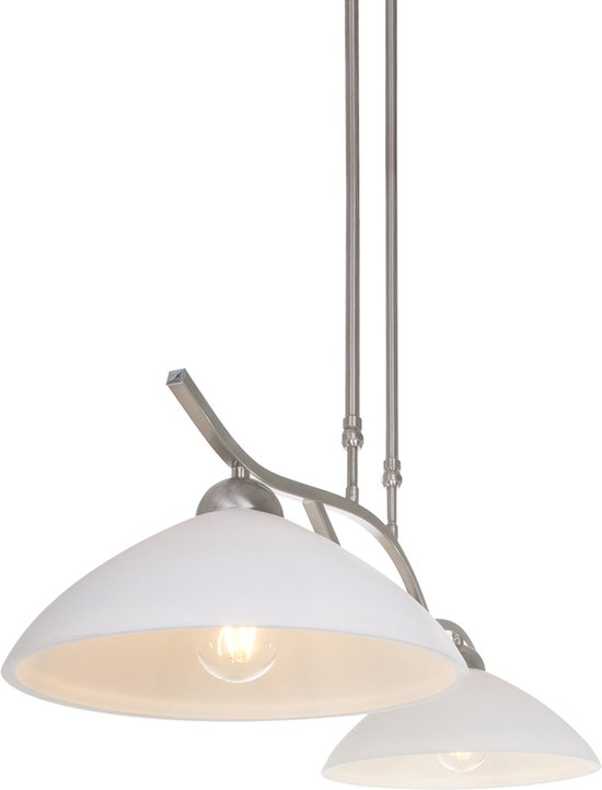 Eettafellamp Capri | 2 lichts | staal / wit | glas / metaal | in hoogte verstelbaar tot 120 cm | 82 cm breed | Ø 30 cm | eetkamer / eettafel lamp | modern / sfeervol design