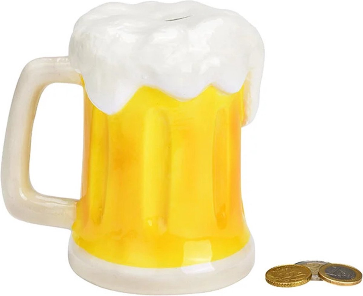 G. Wurm Spaarpot voor volwassenen - thema Bierglas - keramiek - geel/wit - 14 x 11 cm