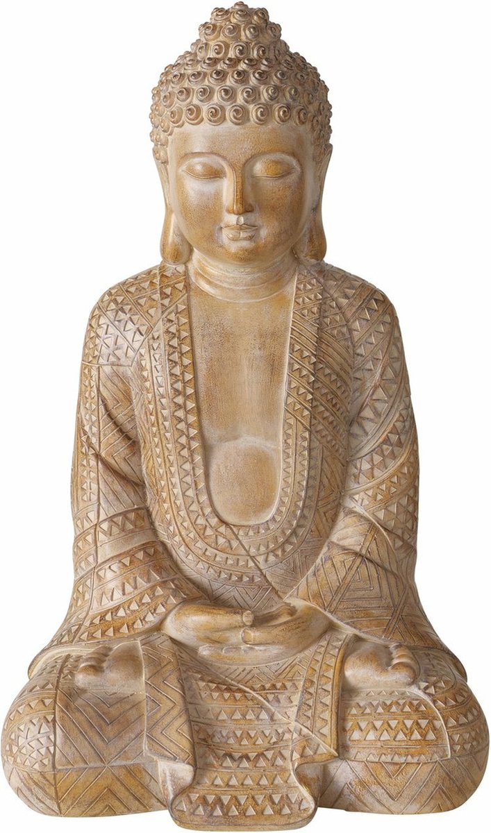 Deco by Boltze Boeddha beeld Legolas - kunststeen - antiek beige/goud - 30 x 23 x 49 cm - home deco en tuin beelden