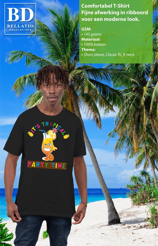 Bellatio Decorations Tropical party shirt heren - party time - zwart - carnaval - tropisch themafeest L