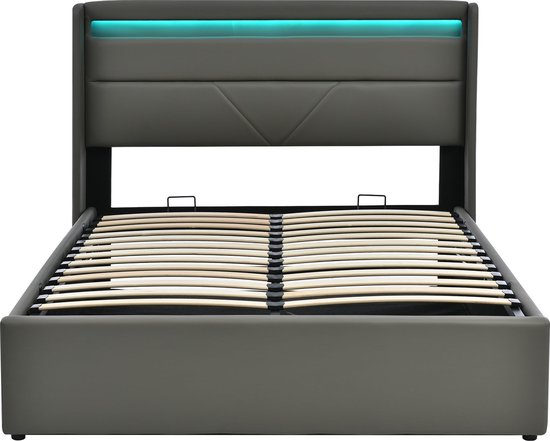 Merax Hydraulisch Stauraumbett mit LED-Beleuchtungsleiste, Doppelbett Bettgestell Polsterbett 140x200cm, Funktionsbett, Grau (Mit Fernbedienung)