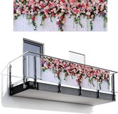 Balkonscherm 300x100 cm - Balkonposter Bloemen - Roze - Planten - Wit - Muur - Balkon scherm decoratie - Balkonschermen - Balkondoek zonnescherm