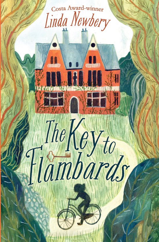 Boekomslag van "The Key to Flambards" met een tekening van een oranje huis, twee kinderen op een fiets en bomen.