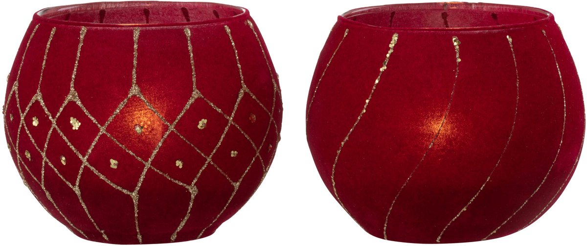 J-Line kaarshouder Lijnen/Geruit - fluweel - rood/goud - 2 stuks