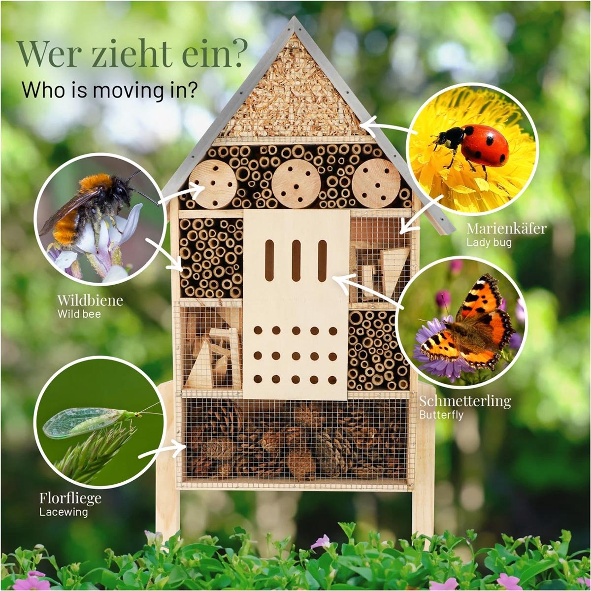 Wildlife Home - Insectenhotel XXL met metalen dak - Schuil en nestplaats voor wilde bijen, lieveheersbeestjes, vlinders, gaasvliegen en andere nuttige insecten - 38 x 11 x 56,5cm (L x B x H)