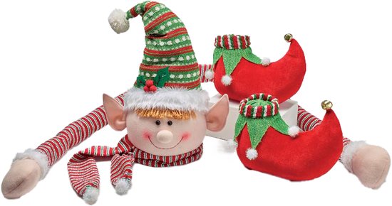 Viv! Christmas Kerstbeeld - Elf Hoofd Kerstboomknuffelaar / Piek met Armen en Voeten - set van 3 - rood groen