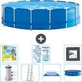 Intex Rond Frame Zwembad - 457 x 122 cm - Blauw - Inclusief Pomp - Ladder - Grondzeil - Afdekzeil Onderhoudspakket - Filters - Vloertegels