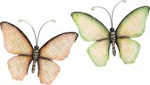 Anna Collection Wanddecoratie vlinders - 2x - groen/oranje - 32 x 24 cm - metaal - muurdecoratie - tuin beelden van dieren