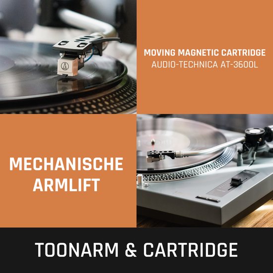 Gedetailleerde weergave van de toonarm en cartridge van een platenspeler.