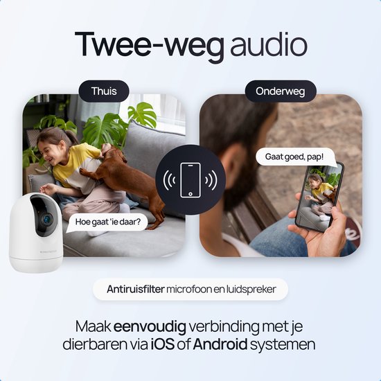Witte camera met tweeweg audio. Kind thuis met hond en kind op telefoon vraagt: "Hoe gaat 'ie daar?"