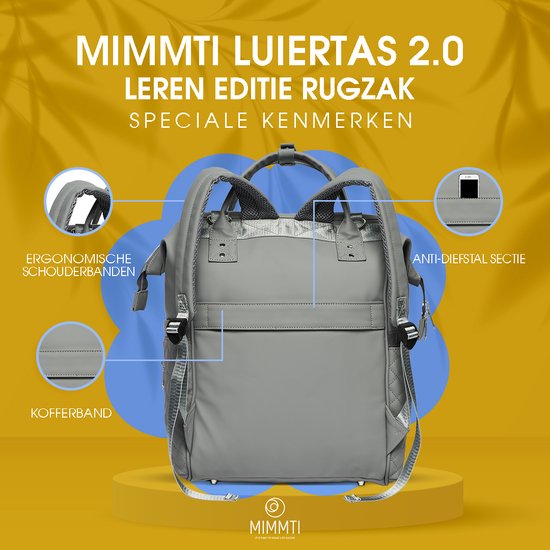 MIMMTI Leren Luiertas Rugzak 2.0 met Verschoonmatje - Grijs - leer - Inclusief flessenwarmhouder - kinderwagenhaken en isoleervak - All in One Bag van Mi — afbeelding 4