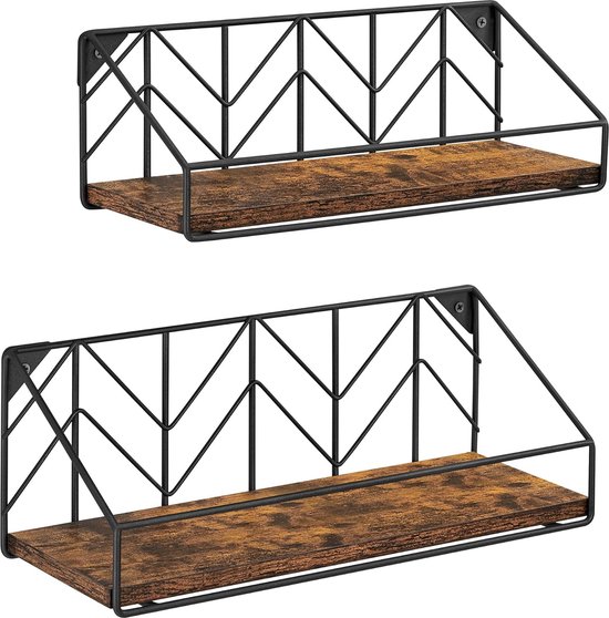 VASAGLE Wandplank, set van 2, zwevende plank, metalen frame, industrieel ontwerp, voor woonkamer, slaapkamer, keuken, vintage bruin-zwart