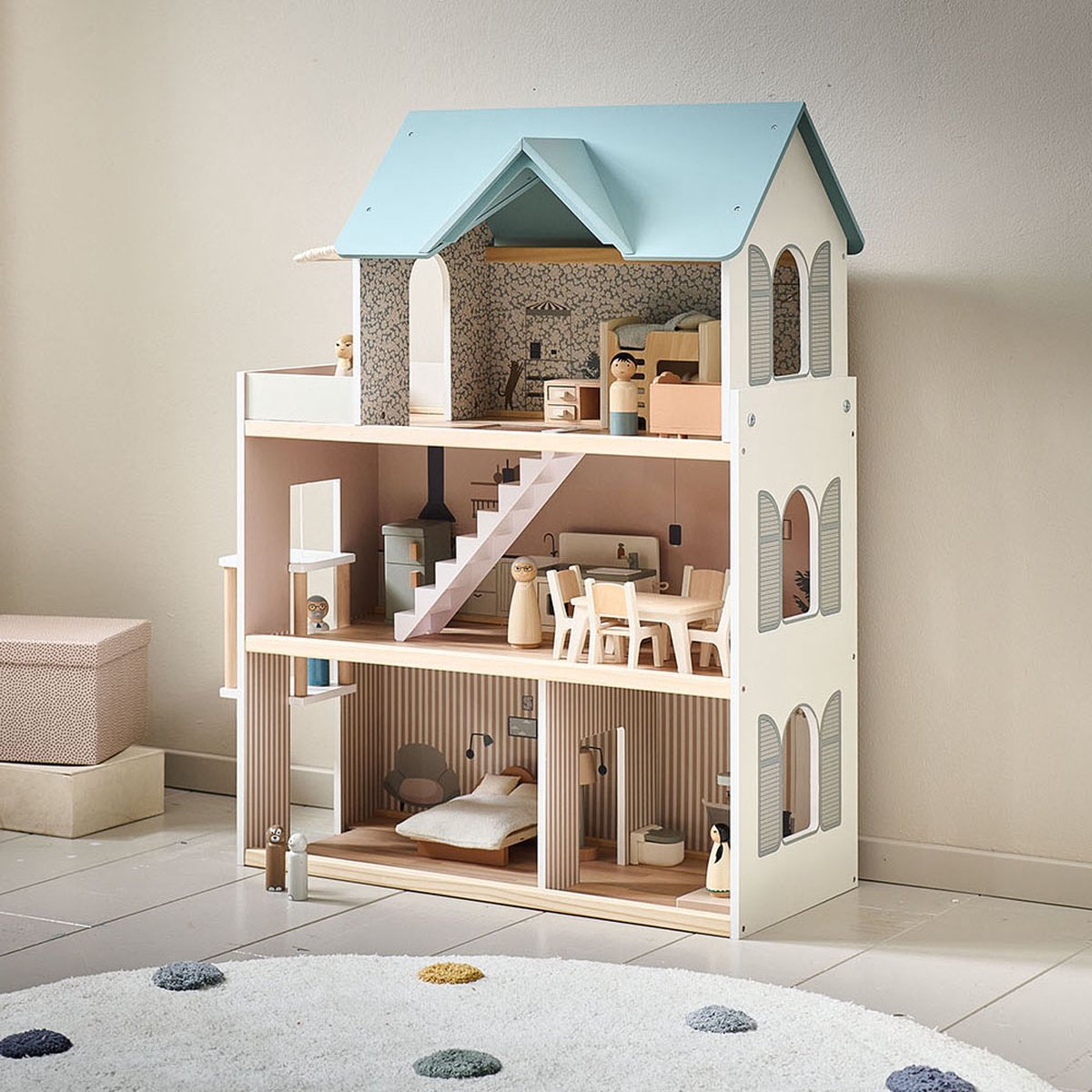 Petite Amélie Houten Poppenhuis Wit en Pastelblauw - H.81 cm - Incl. 14-delige Meubelset - Drie verdiepingen met illustraties - Toegang via trappen en magische lift — afbeelding 9