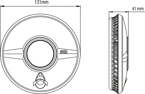 Technische tekening van rookmelder: 131mm breed en 41mm diep.