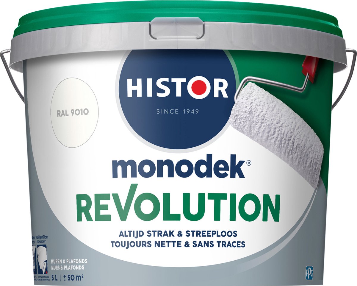 Histor Monodek Revolution – Muurverf Binnen Mat – Altijd Strak & Streeploos – Optimale Dekking – Afwasbaar – Geurarm – Voor Binnen – RAL 9010 – 5L