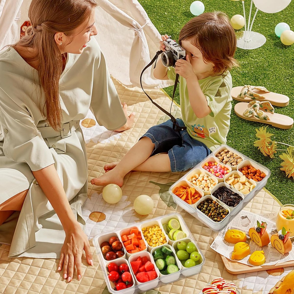 Snackbox met Vakken, Snack Dienblad met 4 Vorken Roestvrij Staal, Kunststof Snackbox, Lekvrij, Organizer met Deksel en Handgreep, Voor Koelkast, Voorraadkamer, Snack, Fruit, Kruidenorganizer