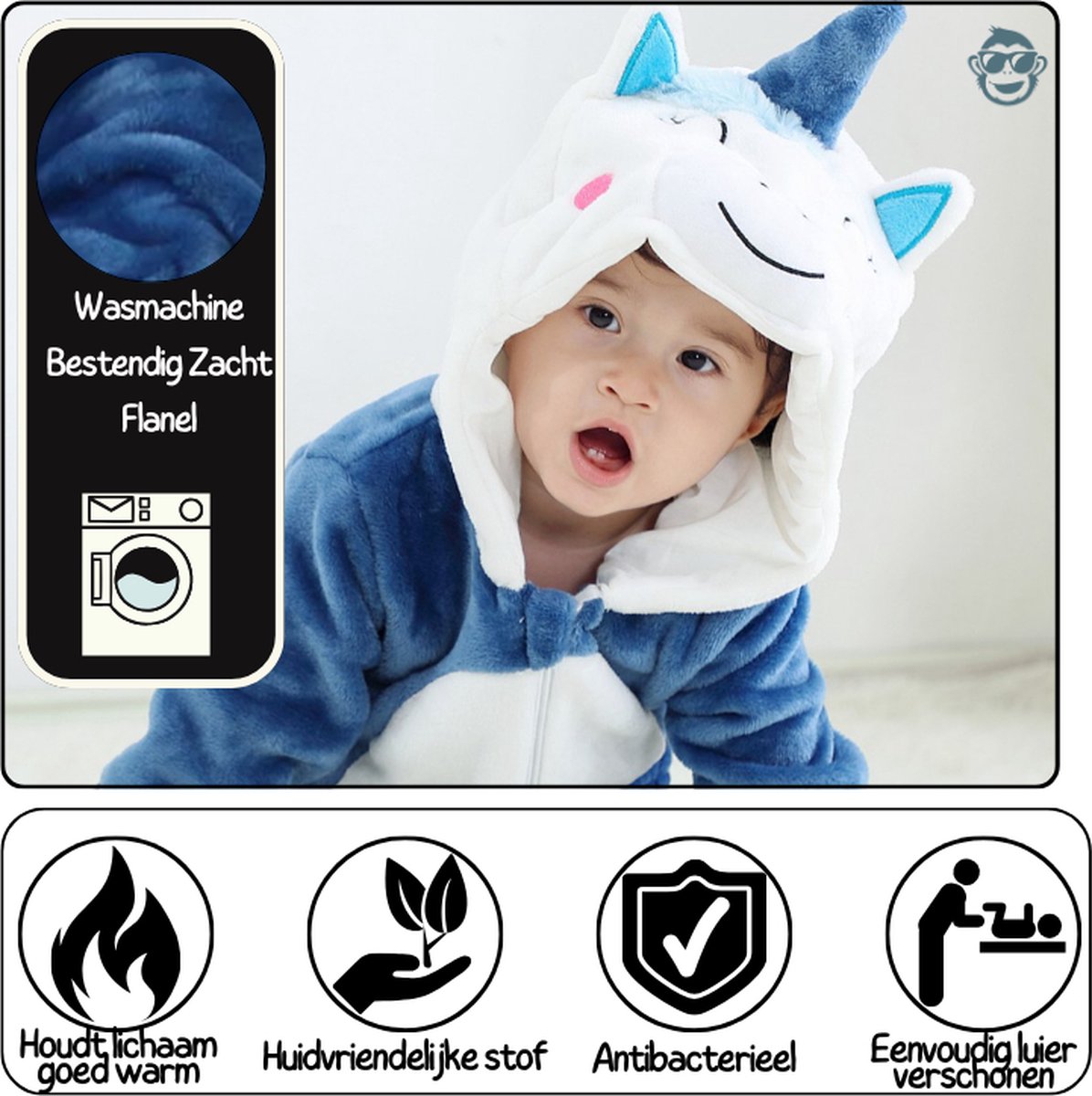 BoefieBoef Dieren Onesie Pyjama Kinderen 6m-2jr – Eenhoorn Blauw – Verkleedkleding met Luierrits – Carnaval Dierenpak - Kerst en Kraamcadeau - Zacht Flanel - Romper - Boxpak - Jongens - Meisjes — afbeelding 4