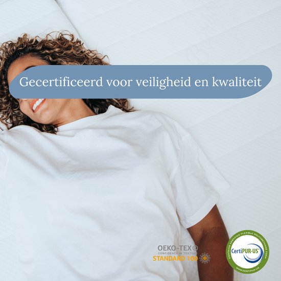 Une femme sourit allongée sur un surmatelas blanc. Texte : Certifié pour la sécurité et la qualité. Logos OEKO-TEX et CertiPUR-US.