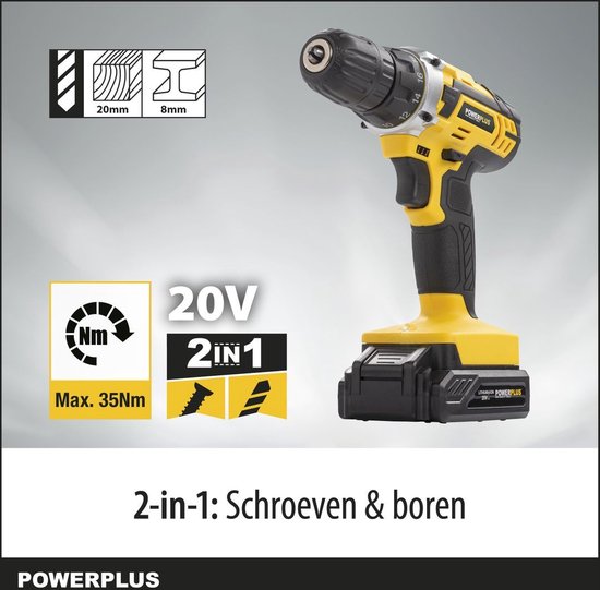 Powerplus POWX00501 Perceuse sans fil - Perceuse à vis - Batterie de perceuse - Visseuse sans fil - 20V - Incl. 3 batteries Li-ion 20 V, chargeur et mallette à outils 12 pièces avec embouts de tournevis - Pour le bois, la pierre et le métal