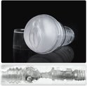 Duidelijke Fleshlight Ice Crystal Lady, met textuur van een vrouwelijk geslachtsdeel, op zwarte achtergrond.