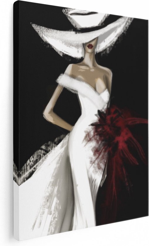 Artaza Tableau sur toile Femme dans une robe Witte avec un chapeau - 60x80 - Décoration murale - Photo sur toile - Impression sur toile