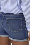 Detail van de achterkant van denim shorts met opgerolde zoom.