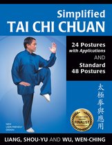 Een man in een blauw tai chi pak staat op één been met zijn armen geheven, op de cover van 'Simplified Tai Chi Chuan'.