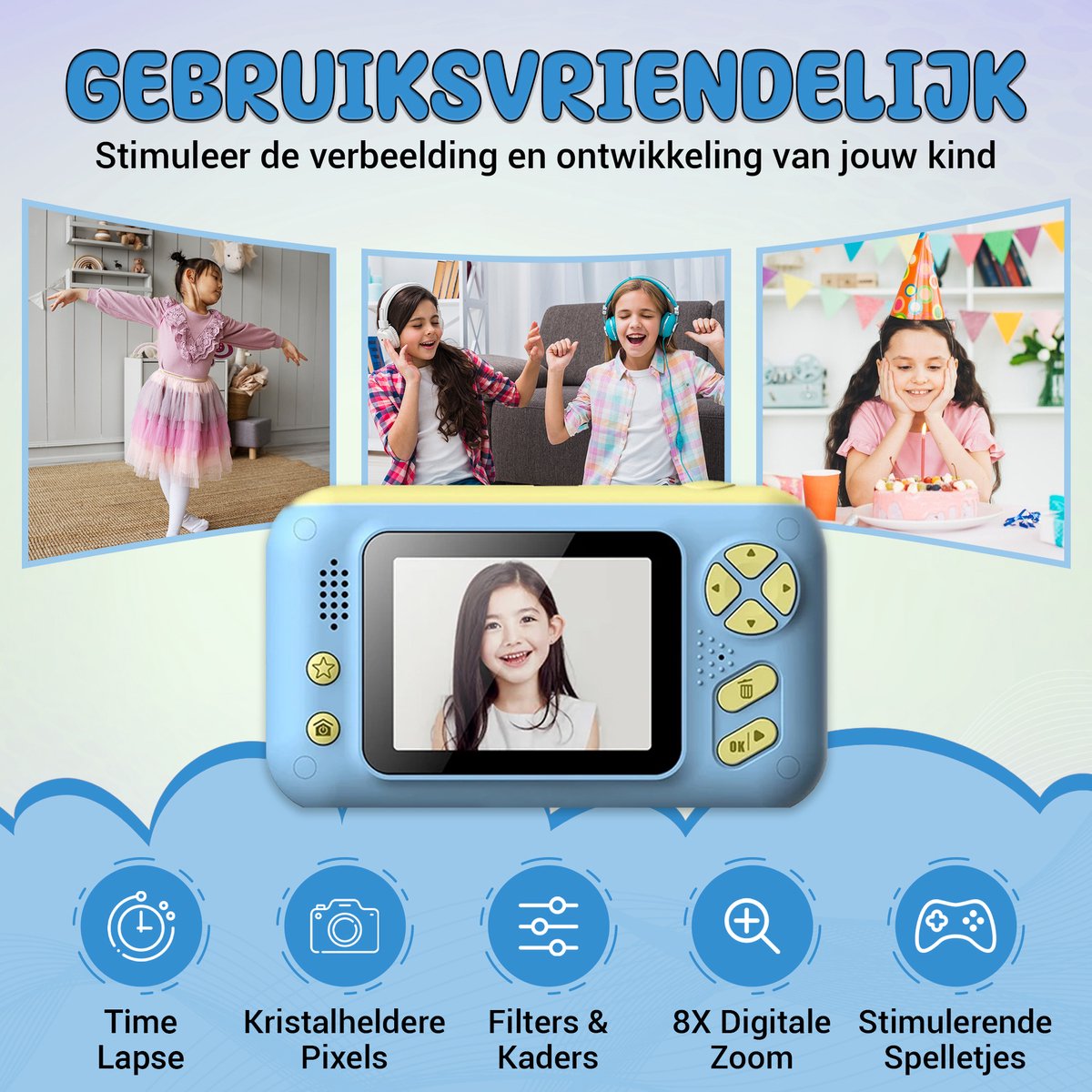 K&L Digitale Kindercamera Kids - Kinder vlog camera - Kindercamera's Digitaal - Fototoestel Kinderen - Kinderfototoestel - Blauw — afbeelding 7