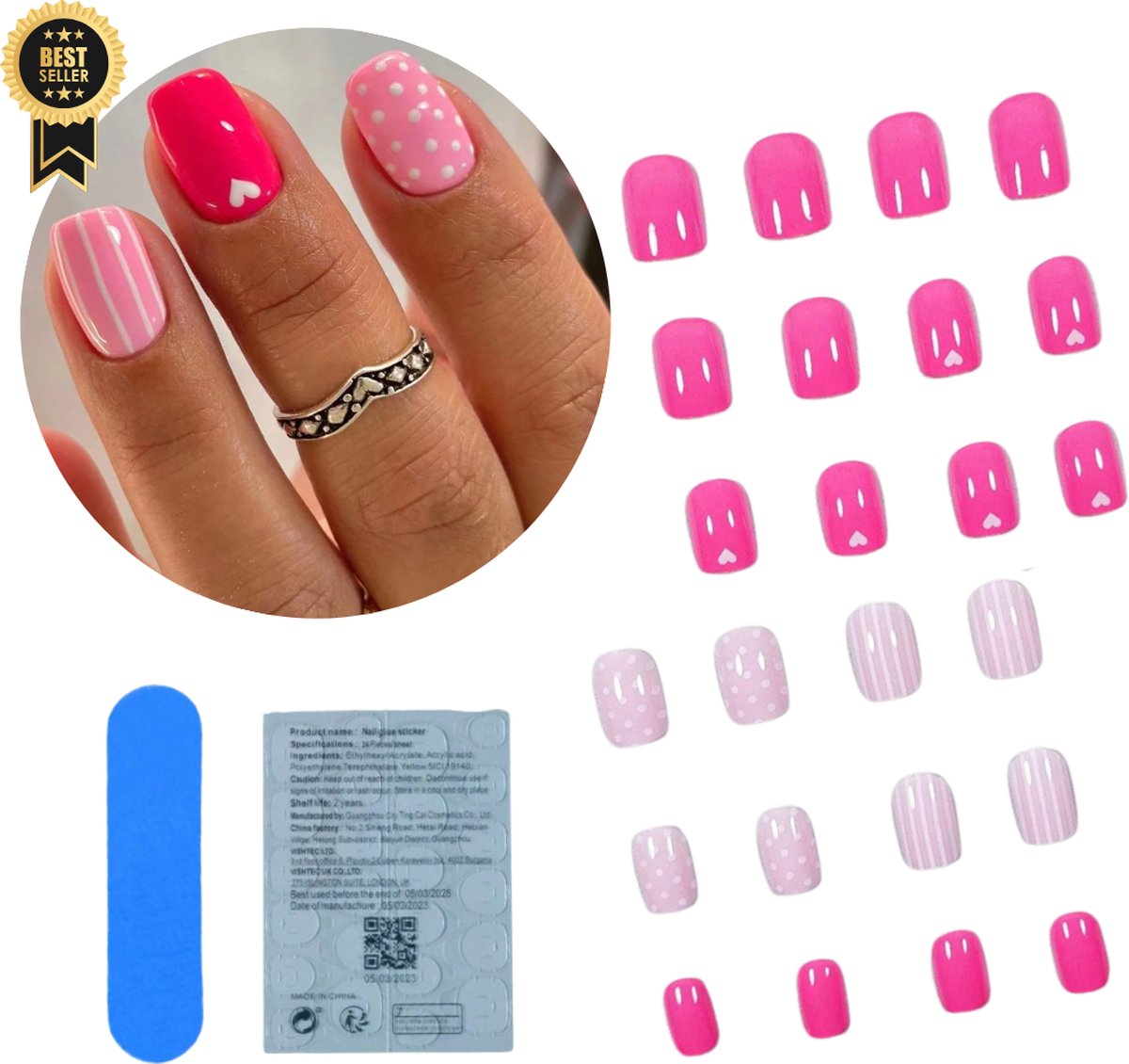 Goedkoopste GUAPÀ® Plaknagels | 24 stuks valse nagels | Press On Nails | Zelfklevende Plaknagels | Nepnagels | Kunstnagels | Compleet plaknagels starterspakket | Nagels Wraps | Nail Art | Zomer Nagels | Feest Nagels | 24 stuks plaknagels Roze met Hartjes