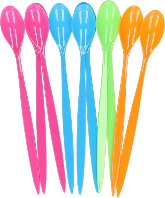 Six cuillères à yaourt en plastique, de gauche à droite rose, bleu, vert et orange.