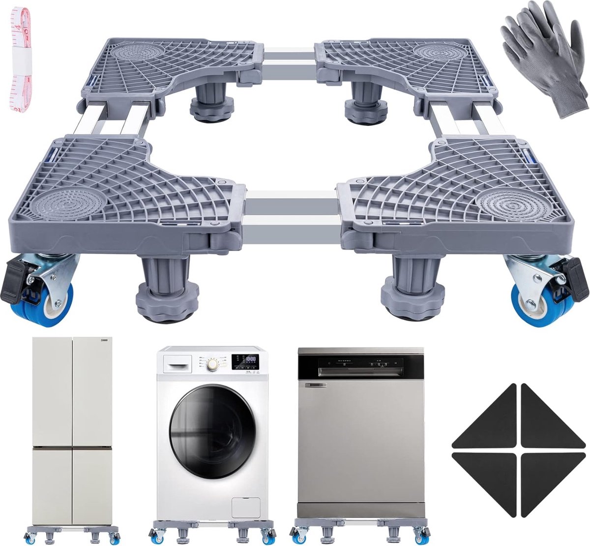 Wasmachine-sokkel onderstel met 4 vergrendelbare wielen en meetlint + handschoenen + dubbele schroevendraaier + handleiding (mogelijk niet beschikbaar in het Nederlands), verstelbare sokkel