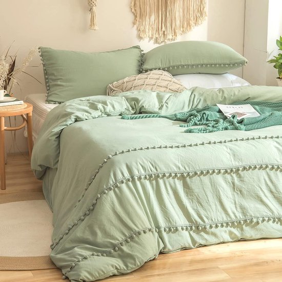 Beddengoed, 220 x 240 cm, 3-delig, zeegroen, pompon, boho, chic, beddengoed, gewassen microvezel, beddengoedsets, zacht dekbedovertrek met ritssluiting en 2 kussenslopen 80 x 80 cm