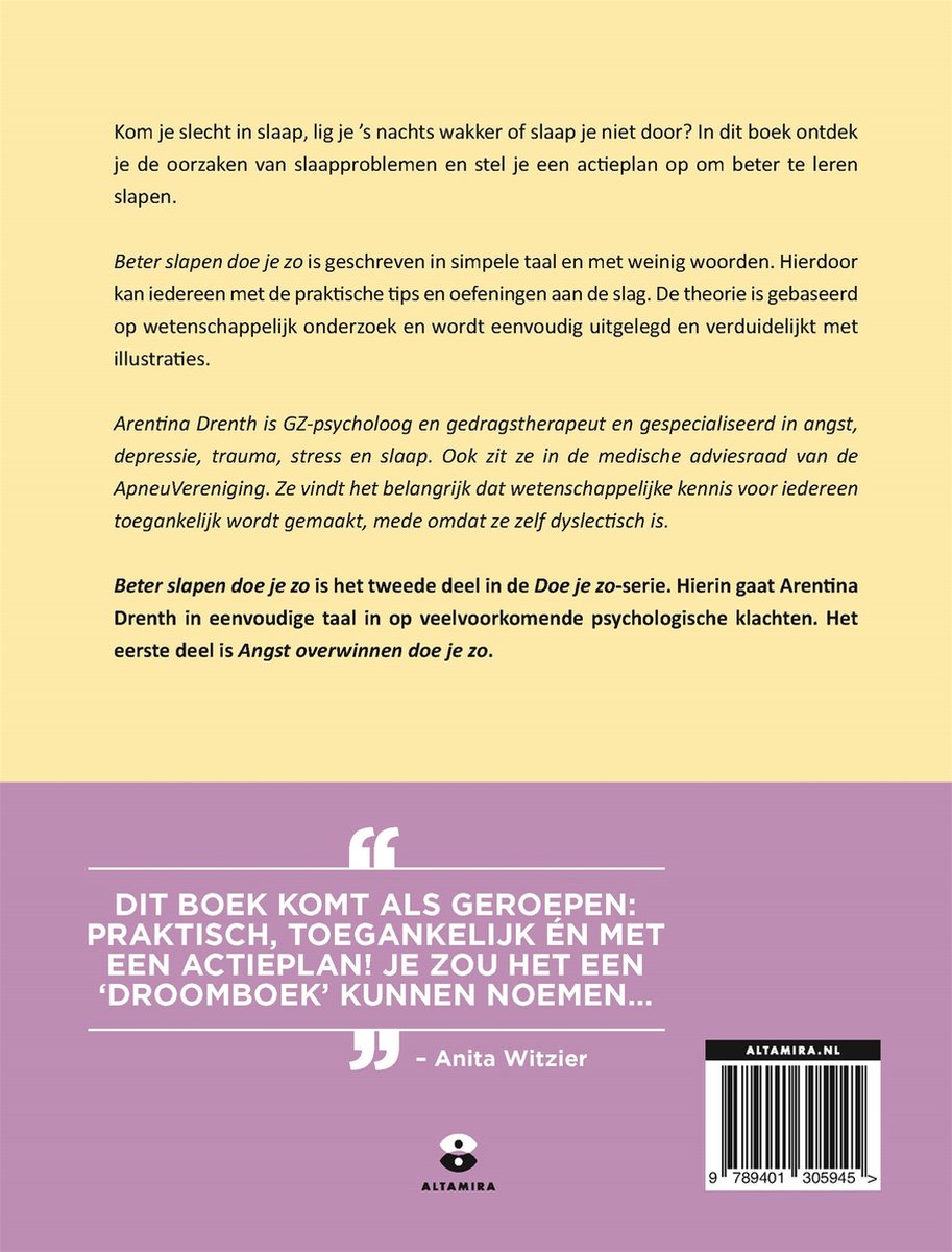 De kaft van het boek 'Beter slapen doe je zo' met tekst over slapeloosheid en een citaat van Anita Witzier.